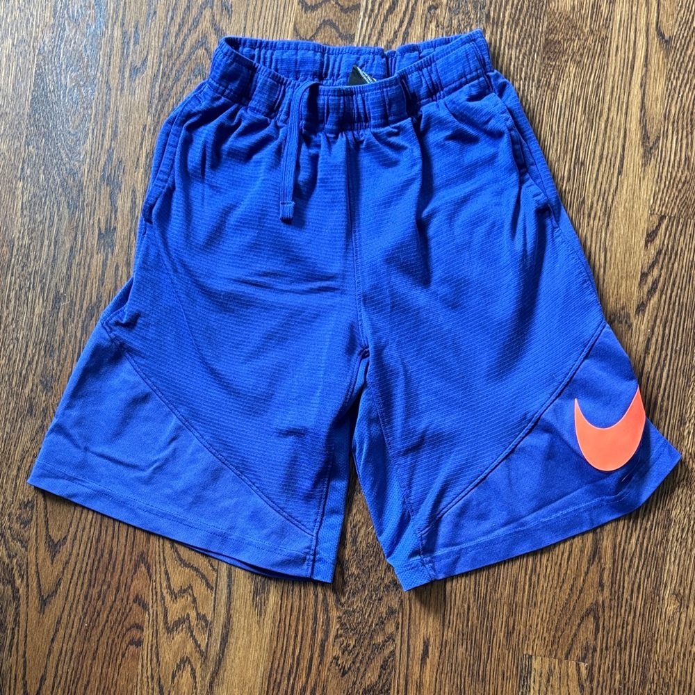 Nike Boys Blue Athletic Shorts with Orange Swoosh